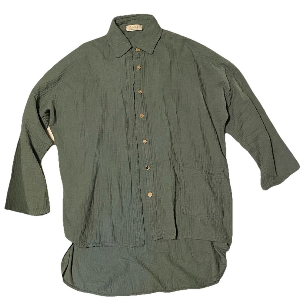 Saga Olive Green Tunic XL Oversized Italy Minimalist Hi Low Lagenlook Gauze Soft